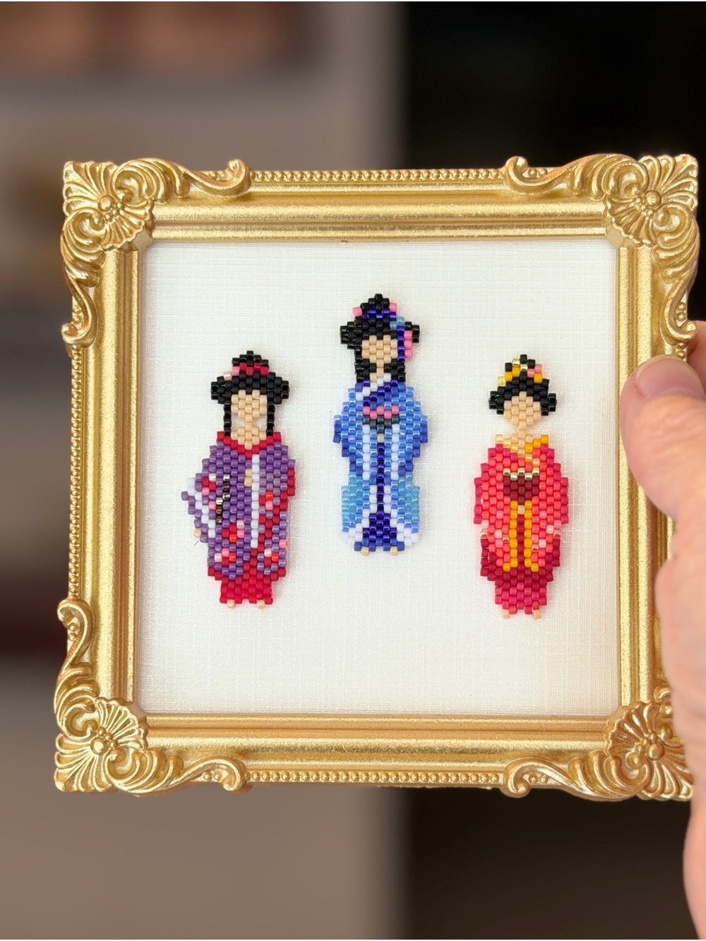 Framed Kimono Girls Miniature Art • Handmade Seed Bead Decor - Picture 5 of 7